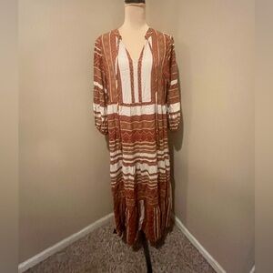 Easel Earthy Tan, Clay & Cream Striped Maxi Dress, size Large